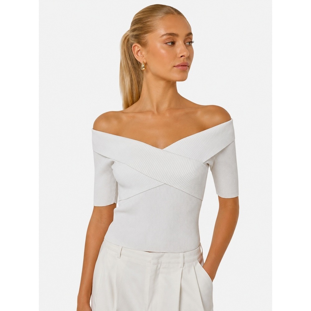 Sandro Paris White Ribbed Knit Off Shoulders Surplice Top Minimalist 0 XS